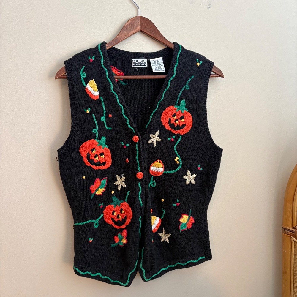 Vtg 90s Basic Editions Holiday Halloween Embroidered Pumpkin Button Sweater Vest